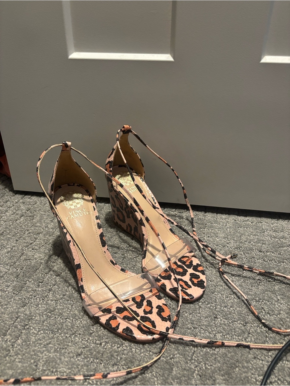 Vince Camuto Leopard Print Lace-Up Wedge Sandals in Blush